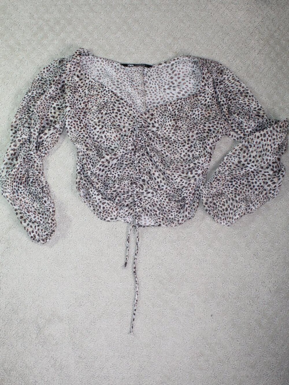 Zara Size S Black Grey Sheer Animal Print Ruched Sleeve & Front Cropped Blouse